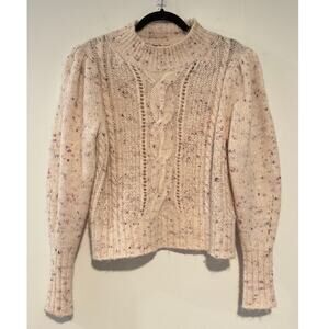 Rebecca Taylor Speckled Cable Knit Puff Sleeve Sweater Cream Wool Alpaca Size M